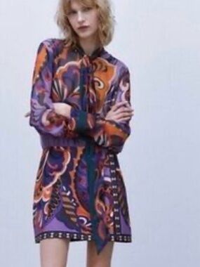 Zara Multi-Color Purple Orange Navy Paisley Long-Sleeve Dress